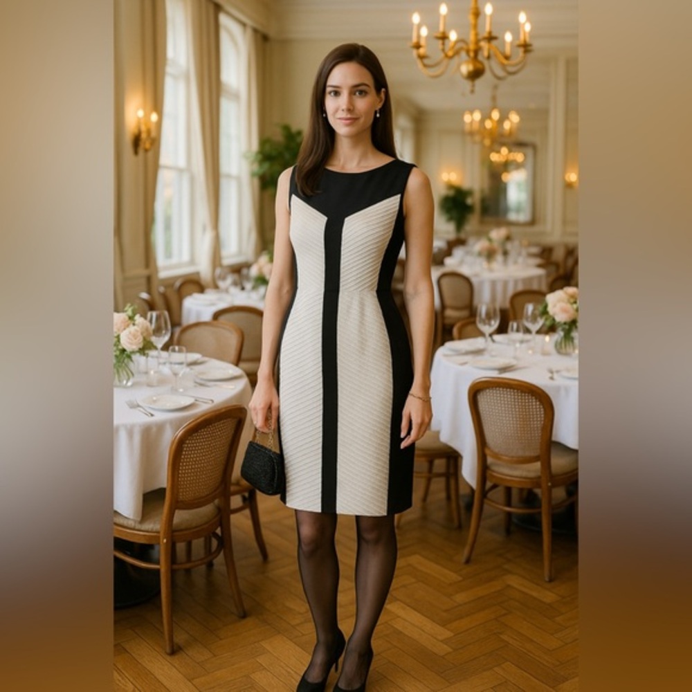 Sandra Darren sleeveless Black & Cream dress, pleated front panel,fully lined 🖤